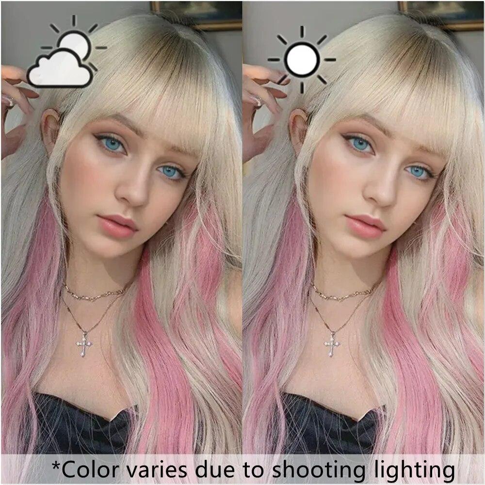 ALAN EATON Blonde lange gewellte Perücken mit rosa Highlights, Ombre-Blonde Perücke mit Pony, buntes Party-Haar für den Alltag, hitzebeständige Faser
