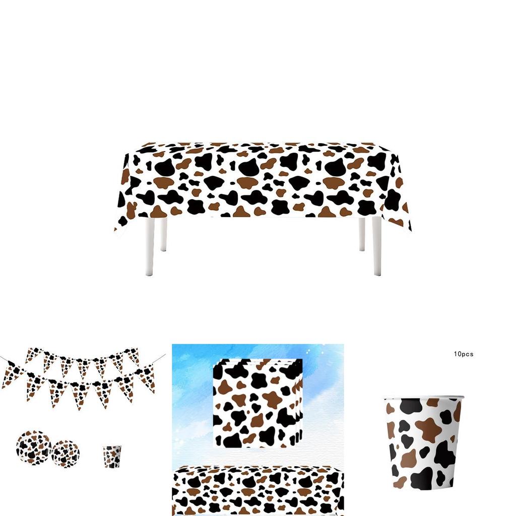 High-quality Party Tableware Set Black Brown Cow Print Paper Plates Cups And Utensils
