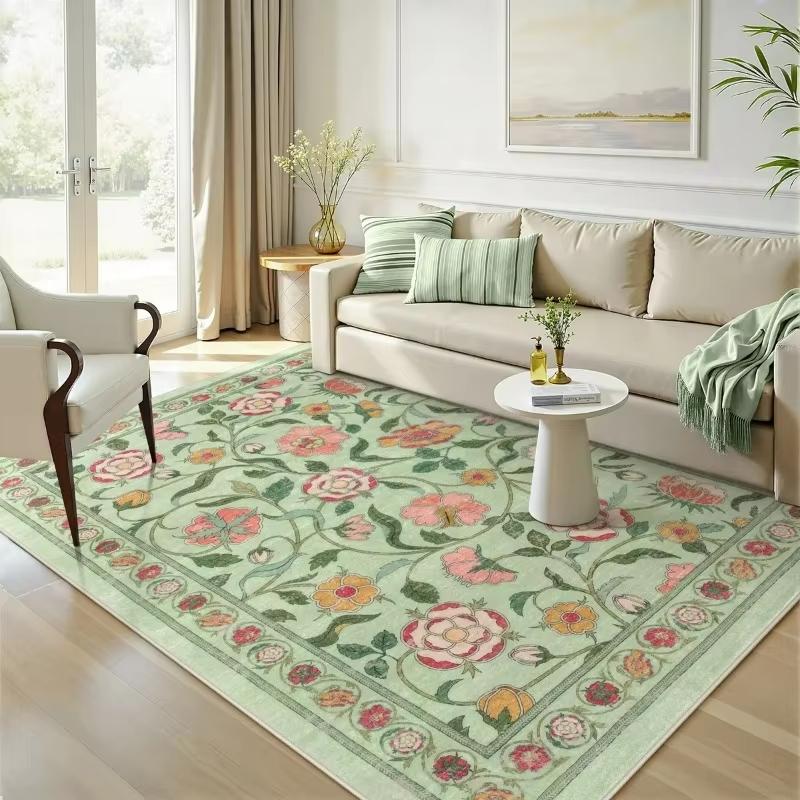 Eleganter Boho Französisch Eleganter Floraler Grüner Teppich Europäischer Pastoraler Stil Wohnzimmerdeko Teppich Schlafzimmer Kunstteppich Waschbarer Teppich
