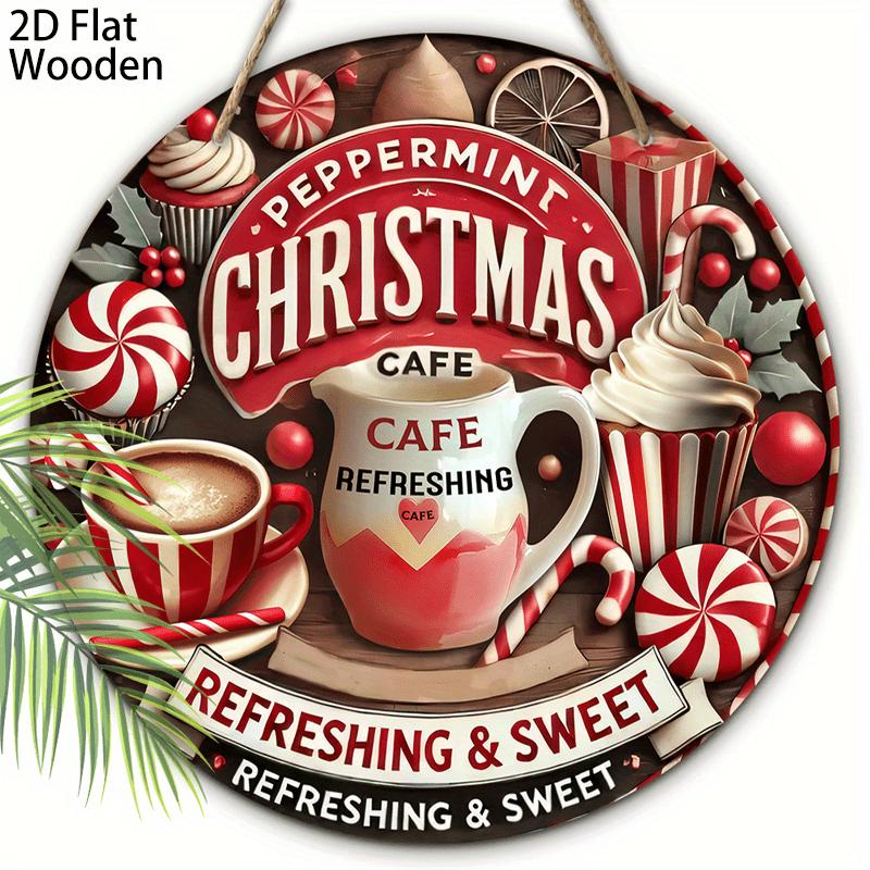 2D Flat 1pc Christmas Hot Drinks Wooden Sign Decoration, Round Embossed Effect Front Door Wall Decoration, Suitable for Home Office Decoration