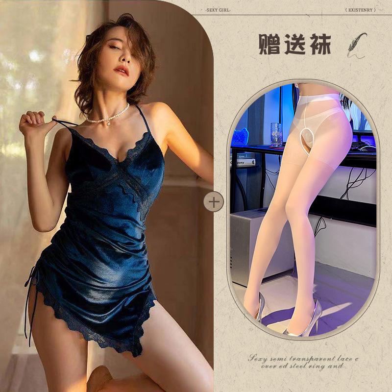 Night listening incense new sexy underwear velvet cross lace-up nightdress backless slit temptation pajamas passion loungewear