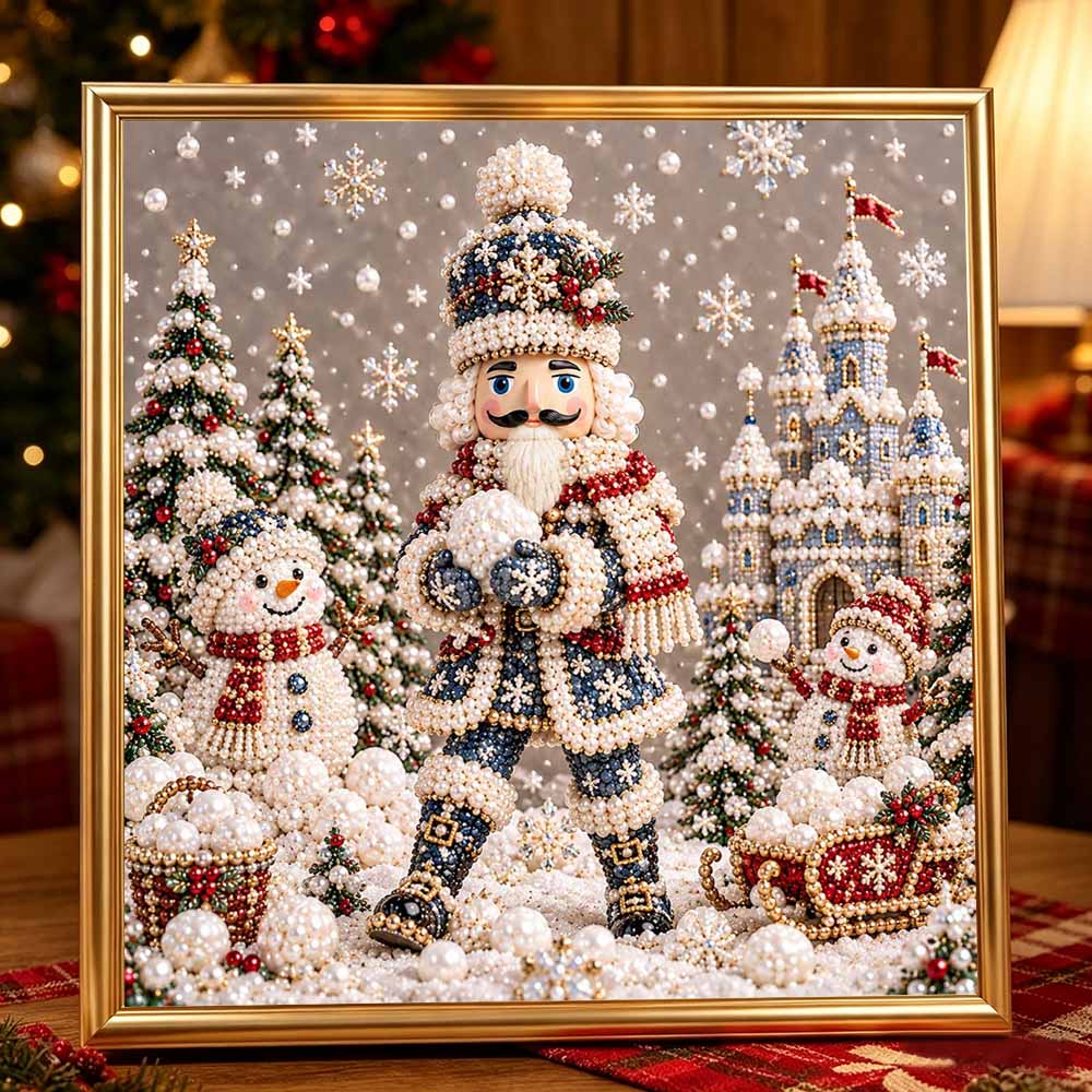 DIY Framed Pearl Painting Kit with Nutcracker and Snowmen Christmas Scene 5D Sparkling Bead Art Canvas Ready to Display Home Decor Gift Idea