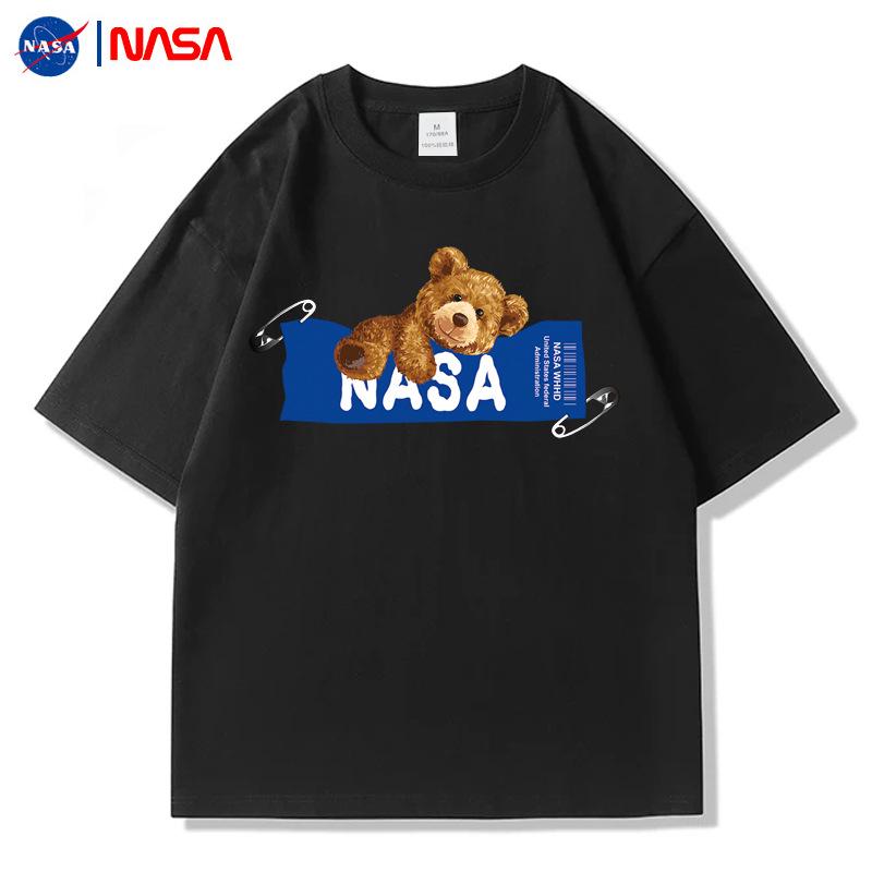 Men's NASA Co-branded Bear Print Crew Neck Cotton T-Shirt - Short Sleeve, Casual Streetwear, Plus Size Available