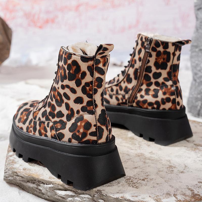 Lucyever Punk Leopard Print Combat Boots Women Fashion Chunky Thick Plush Ankle Boots Woman  Lace Up Platform Booties Mujer