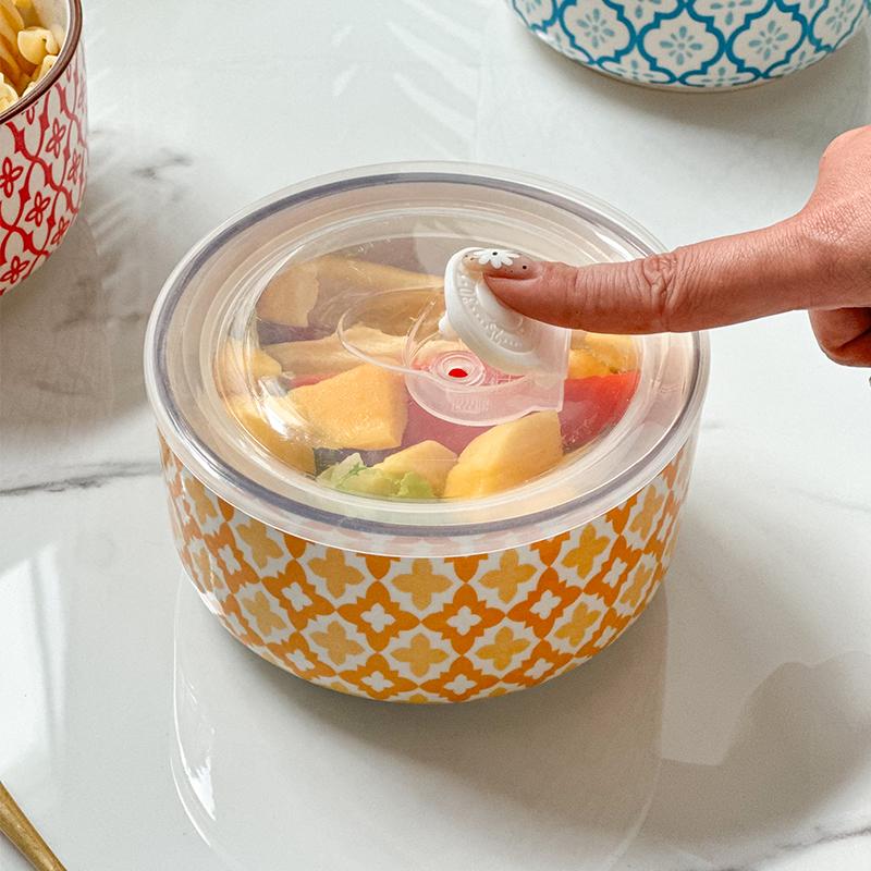 1-Pack 5.3 Inch Bohemian Lidded Fresh-Keeping Bowl, Microwave-Safe Multi-Purpose Fresh-keeping Bowl, Fruit/Salad/Pasta/Rice/Soup
