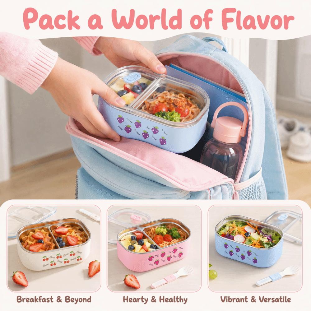 2 Compartment Stainless Steel Lunch Box Cartoon Storage Box with Lid Insulated Lunch Box Picnic