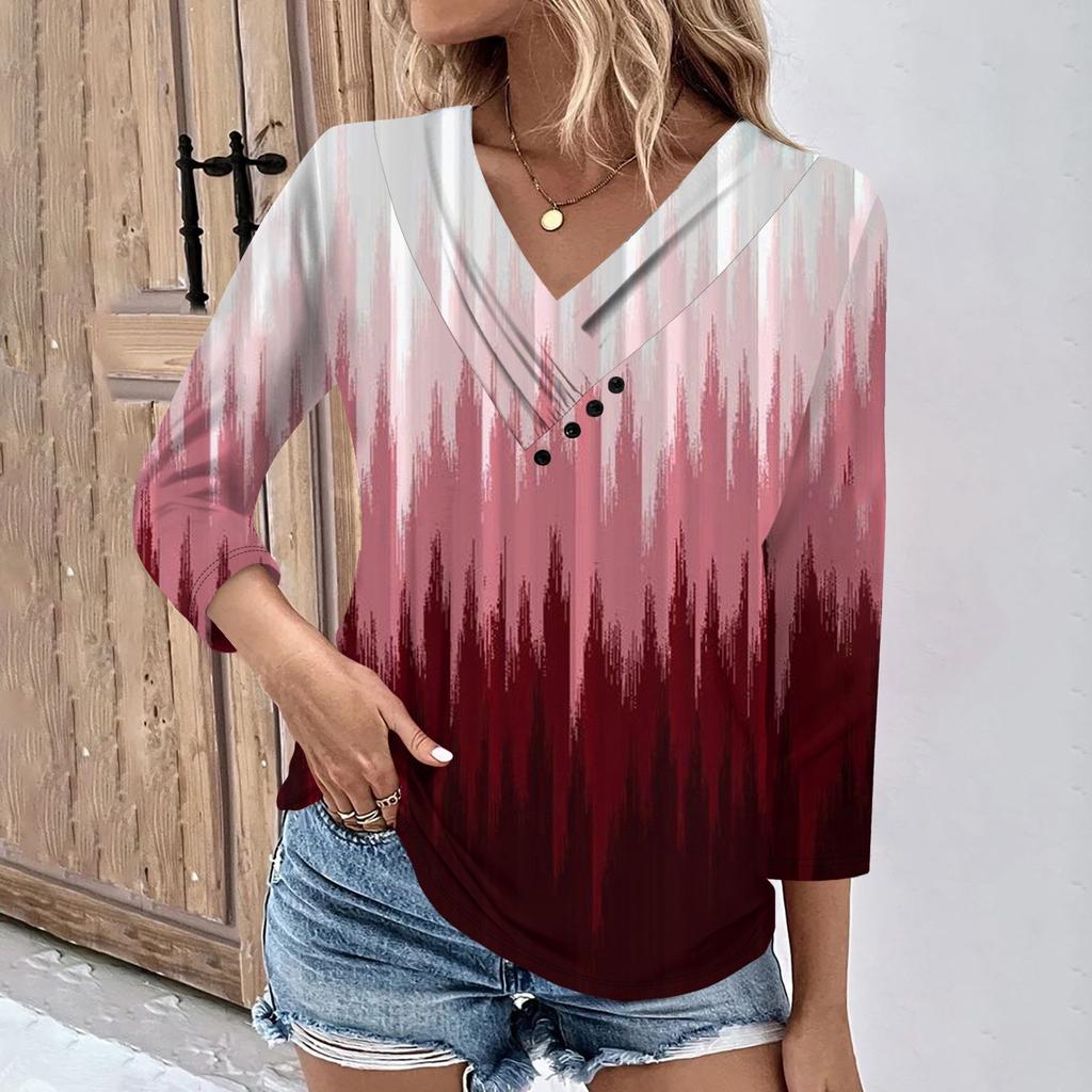 Womens 3/4 Sleeve Daily Weekend V Neck Casual Printed Tshirts Loose Fit Pleated Tees Ladies Blouse