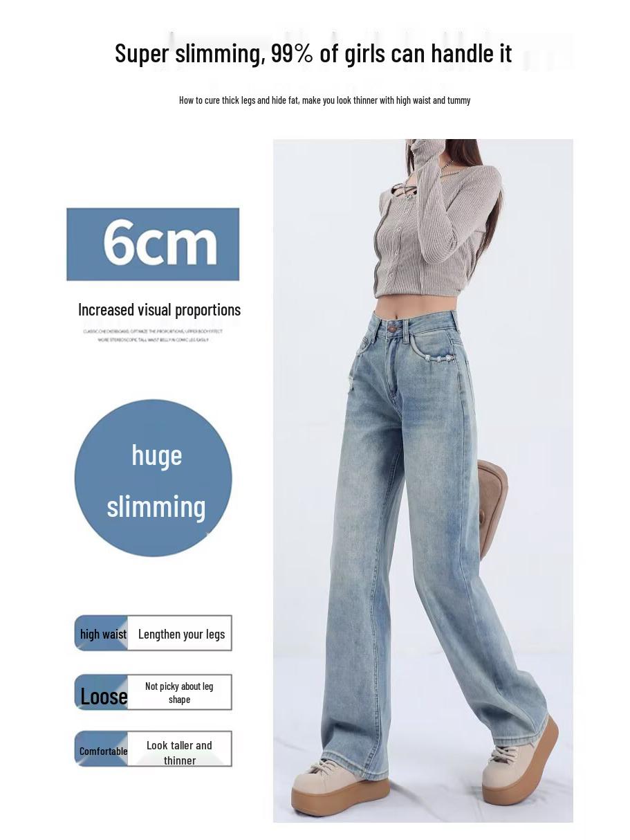 Women s Wide-Leg Low-Waist Jeans - Loose Boyfriend Fit, Early Spring Street Style, Slimming Straight Leg. L синий