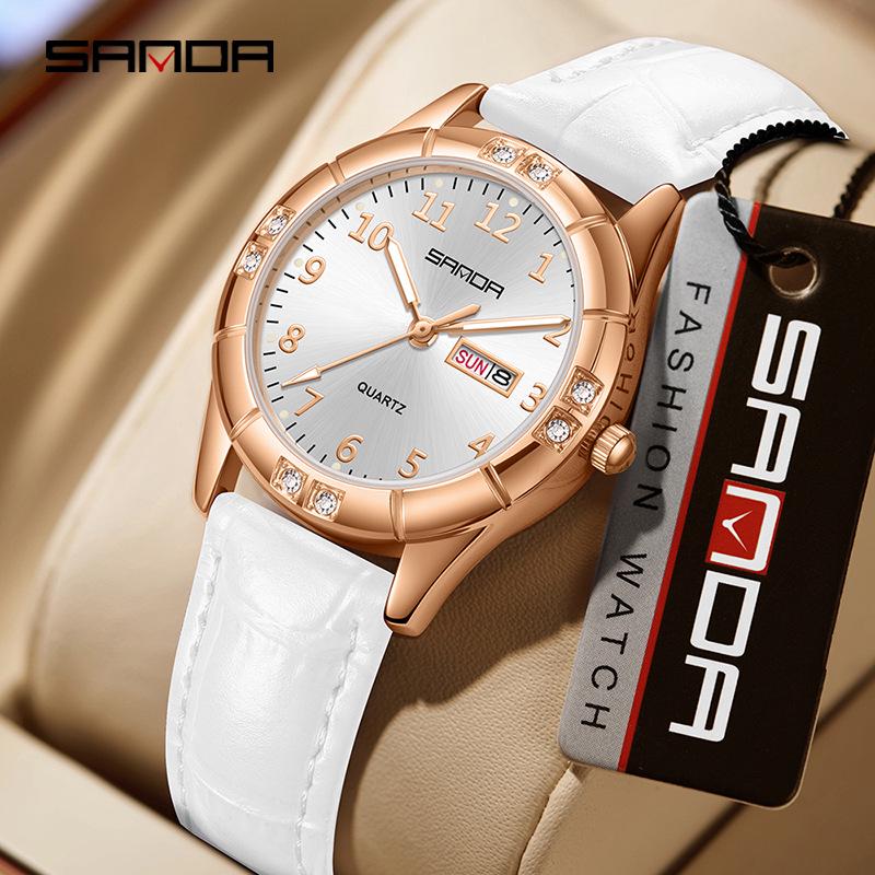 

Sanda Korean Style Waterproof Fashion Watch with Diamonds, Double Calendar, and Retro Vibrant Colors - Leather Quartz Wristwatch for Students. білий