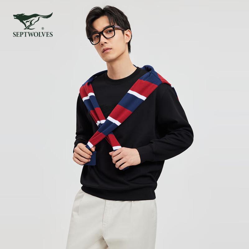 SEPTWOLVES Herren Fleecegefüttertes Kontrastfarbenes Wolfslogo Pullover Sweatshirt