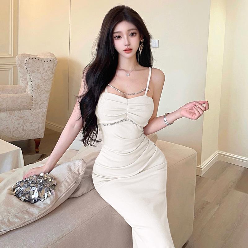 Women's pure desire sexy diamond-encrusted pleated slim-fitting fishtail dress