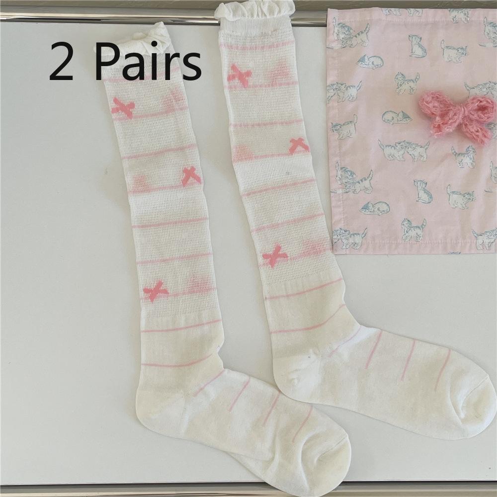 2 Pairs of Bubble Socks, Bow Calf Socks, Summer Ballet-style Long Tube Pile Socks, Lace Socks