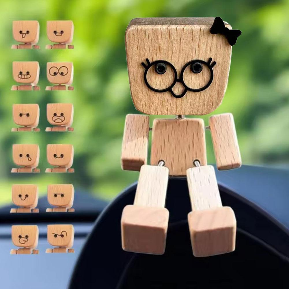 Cute Bow Leg-shaking Wooden Man Figurine Interior Wood Ornaments With 12 Magnetic Expressions Car Decoration Ornaments