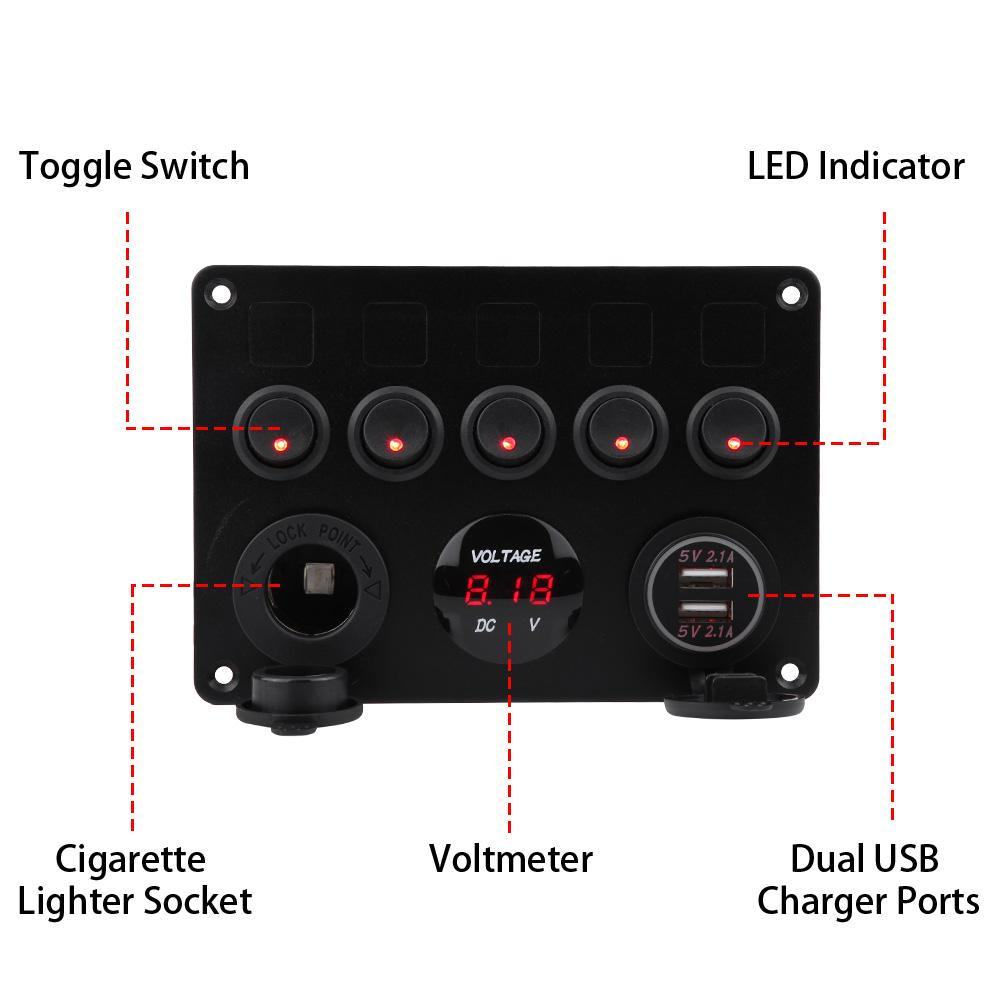 12-24V 5 Gang OnCelsiusOff Toggle   Panel Dual USB Voltmeter for Car Boat Marine Truck Green LED