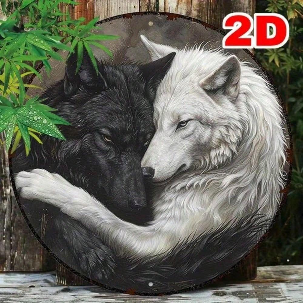 Metal Poster Black White Wolf Wall Art, Garage Man Cave Decor, 2D Metal Sign for Home