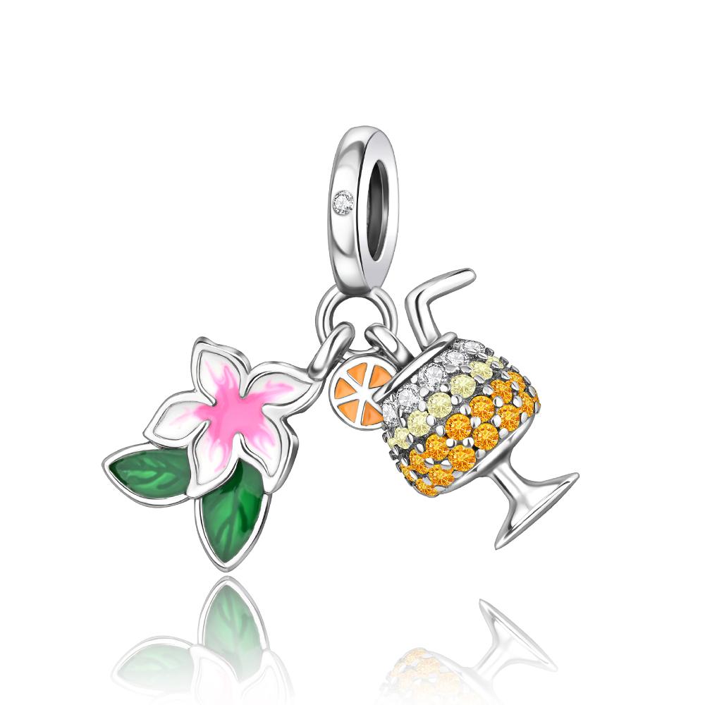 Copper Full Diamond Charms Colorful Heart Blooming Rose Round Beads Pendant Fit Original Bracelets Necklace Jewelry