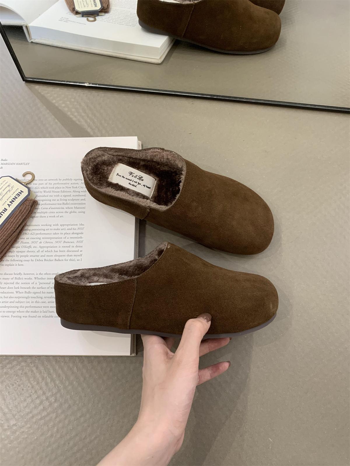 

3 см увеличения внутренней высоты ~ бархатные туфли Boken с толстой подошвой, полуперетаскиваемые, осень и зима, новые, мягкие кожаные, с одной педалью, ленивые, с головой, полуперетаскиваемые 35