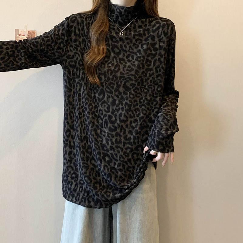 Mikina Velká Velikost Leopardí Vzor Poloviční Vysoký Límec Tištěné Topy s Dlouhým Rukávem Dámské Spodní Tričko