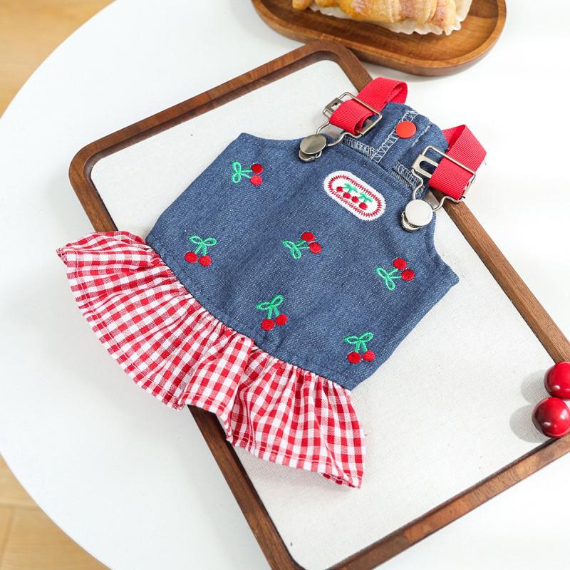 PETCIRCLE Pet Cherry Denim Dress Cute Outfit Dogs Cats