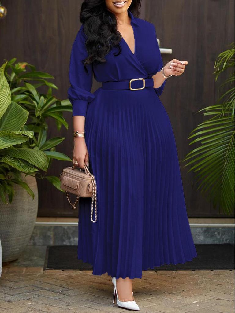 2024 Women's Fashion Lapel Long Sleeve High Waist Pleated Solid Color African Dress