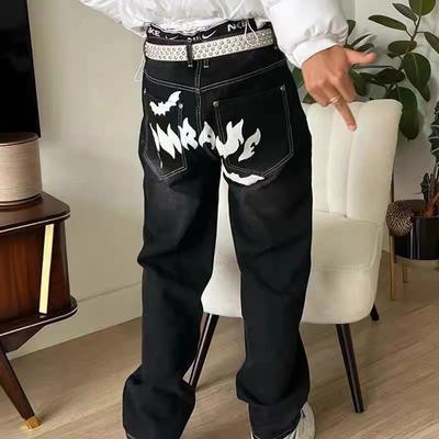 Jeans Stampati da Uomo Moda High Street Pantaloni Larghi Dritti a Gamba Larga