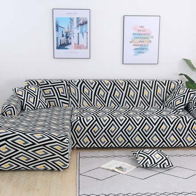 Printed Sofa Slipcover Square Pattern Couch Cover Elastic Sofa Cover For Pets Chaselong Protector L Shape Anti -Dust Removeble