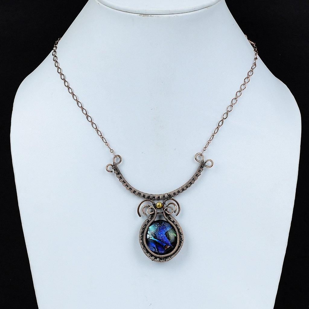 American Dichroic Glass Necklace Copper Wire Wrapped Gemstone Jewelry Adjustable Necklace Handmade Ethnic Jewelry Copper Wire Wrap Necklace