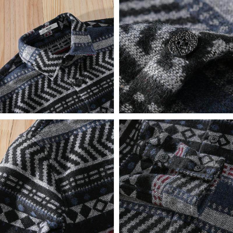 Chemise homme automne et hiver, style streetwear, imprimé ethnique à rayures, décontractée, manches longues, épaisse, brossée, vintage, ample
