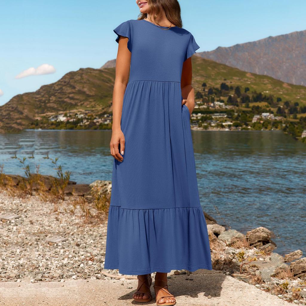 Damen Sommer Freizeitkleider Kurzarm Rundhalsausschnitt Locker Fließendes Strandkleid Mit Taschen