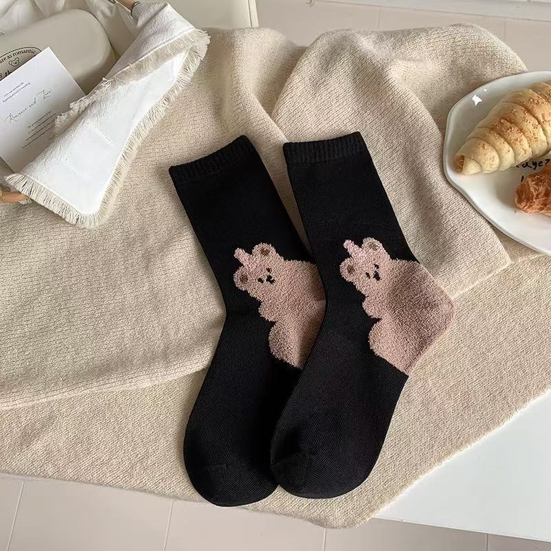 Women's Autumn and Winter Combed Cotton Mid-calf Socks with Cartoon Coffee-colored Panda Flocking Boneless Versatile Women's Socks At The Heel