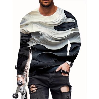 Men's Abstract Swirl Pattern Long Sleeve T-Shirt Casual Crew Neck Polyester Knit Top for Spring/Fall