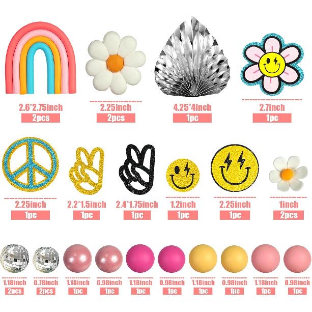 25 PCS Groovy Cake Topper Boho Rainbow Hippie Cake Decoration with Disco Balls and Daisy Flowers for Groovy Theme Birthday Party Supplies