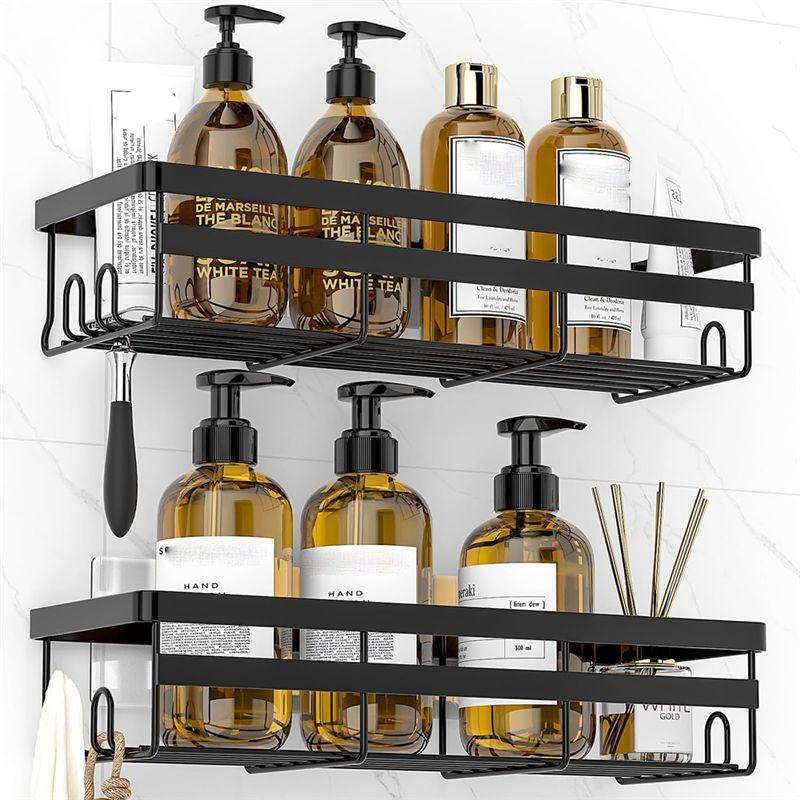 AEE4-Shower Caddy Shelf Organizer, 2 Pack Adhesive Bathroom Accessories, Save Space With Hooks