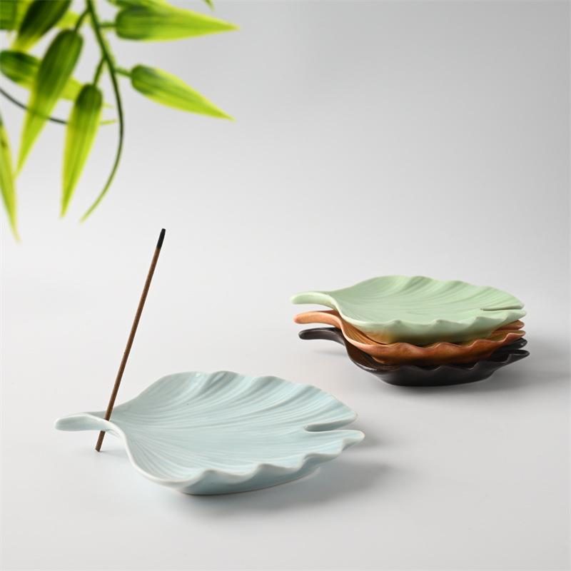 Ceramic Ginkgo Leaf Incense Holder for Sandalwood, Coil, and Line Incense - Indoor Tray and Decorative Plate.