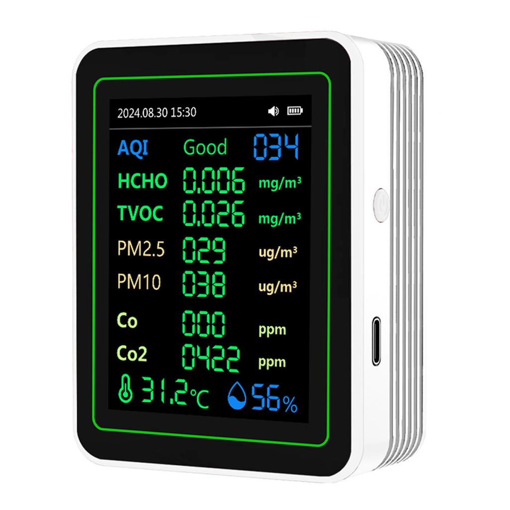 Air Quality Tester CO2 HCHO TVOC PM2.5 PM10 Temperature Humidity Sensor TFT Screen Air Quality Detector White