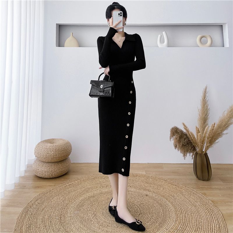 

Сукня приталеного крою Жіночий светр пуловер восени та взимку Талія підтягнута Середня довжина Дизайн щільної трикотажної сукні базовий шар one size чорний