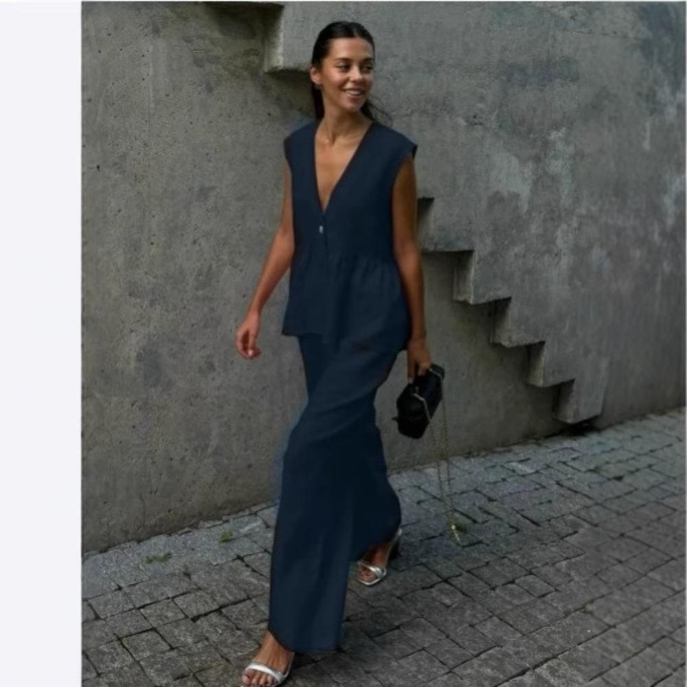 Women's V-Neck Solid Colour Sleeveless Top Vest Trousers Set