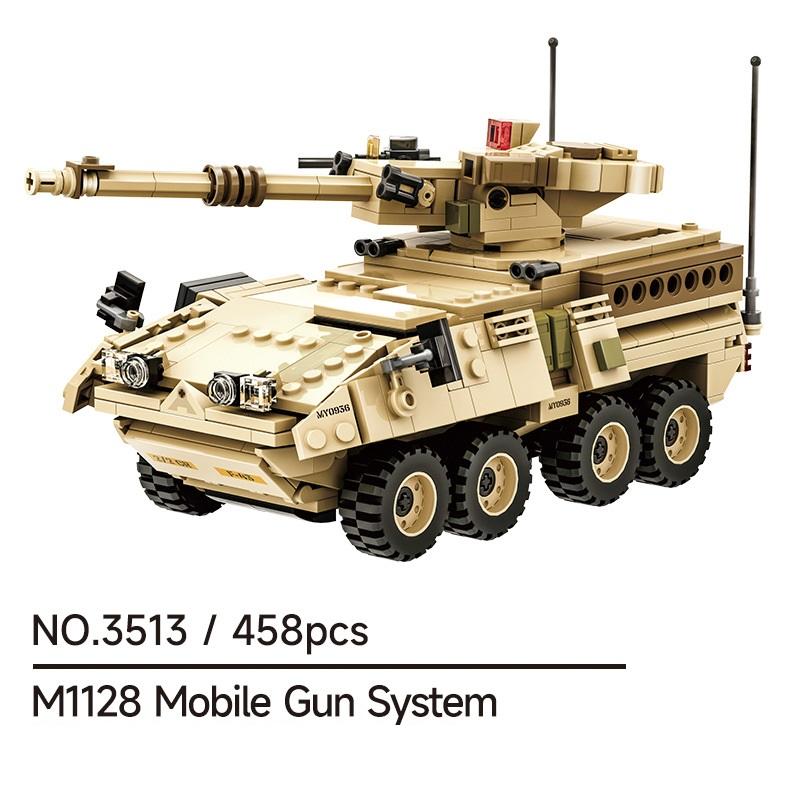 458PCS WW2 Military SAWT M1128 Mobile Gun Tank Building Blocks Mobile Gun System Model Bricks Children's Toys