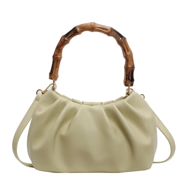 Solid PU Pleated Hand Bags for Women Bamboo Handle with Zipper Buckle Fashion