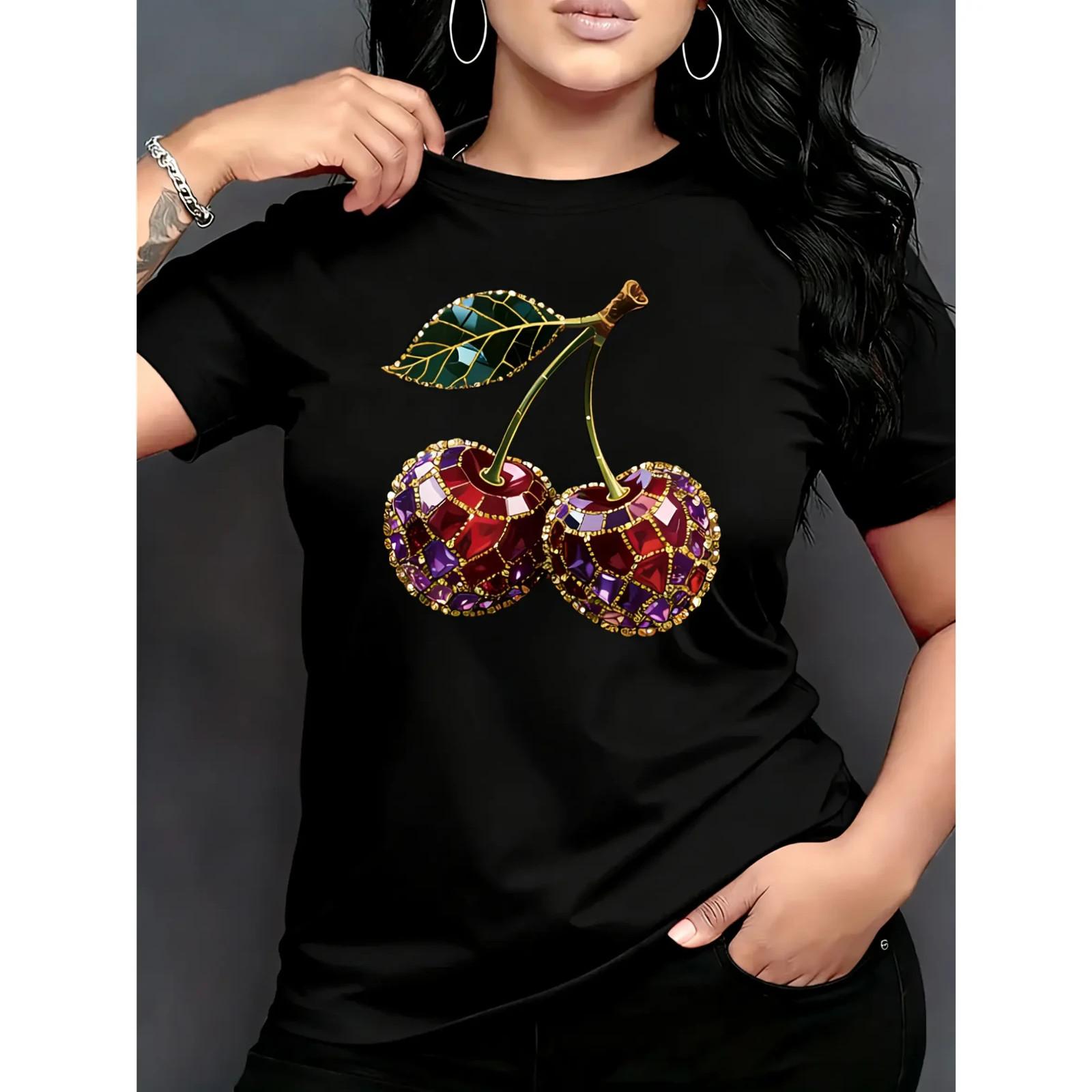 Women s 100% Cotton Smooth Fabric Printed Short-Sleeve Round Neck T-Shirt, Cherr Unisex T-Shirt S