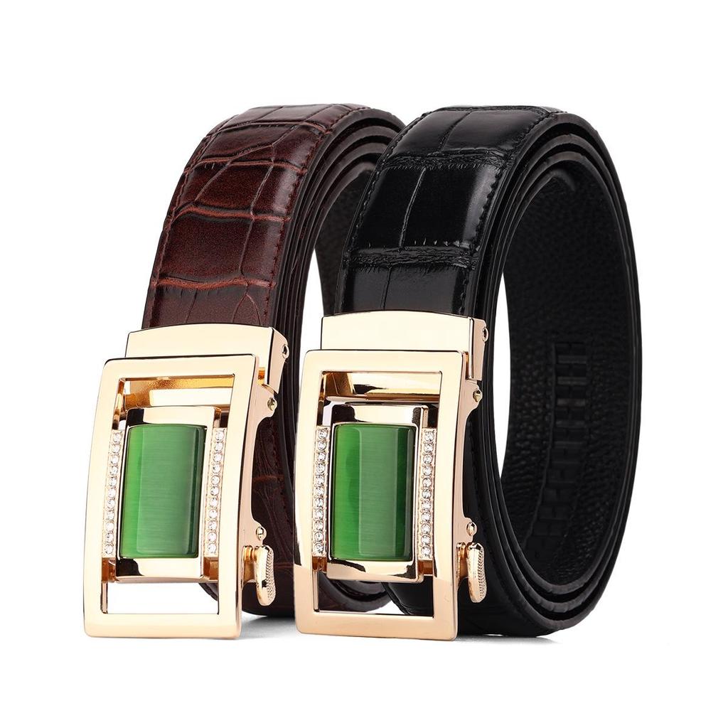 Men's Crocodile Pattern Jade Imitation Leather Belt with Rhinestone Buckle