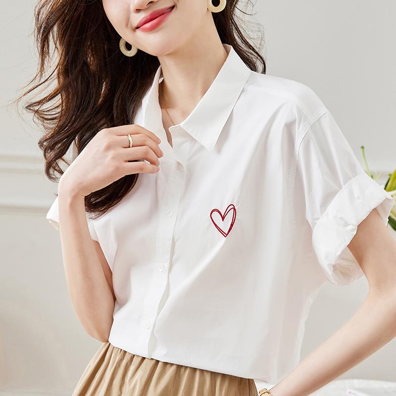 

Любовь Вышитая Белая Рубашка для Женщин Летняя Новая Свободная Повседневная Шикарная Хлопковая Блузка с Коротким Рукавом XXL белый