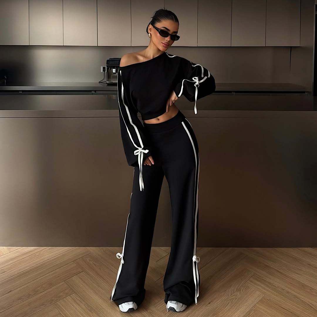 

2026 Spring Women s Casual European-American Set: Long Sleeve Top with Tassels & Drawstring, Long Pants, Round Neck, Woven Tape Patchwork L чёрный