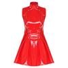 S-3XL Wet Look PU Sleeveless Dress Open Front Button Overlay Pleated Hem Glossy Vinyl for Rave Party Club Night
