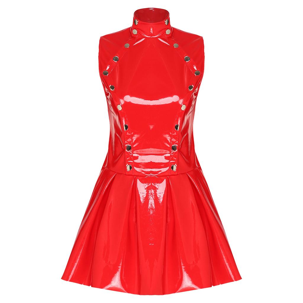 S-3XL Wet Look PU Sleeveless Dress Open Front Button Overlay Pleated Hem Glossy Vinyl for Rave Party Club Night