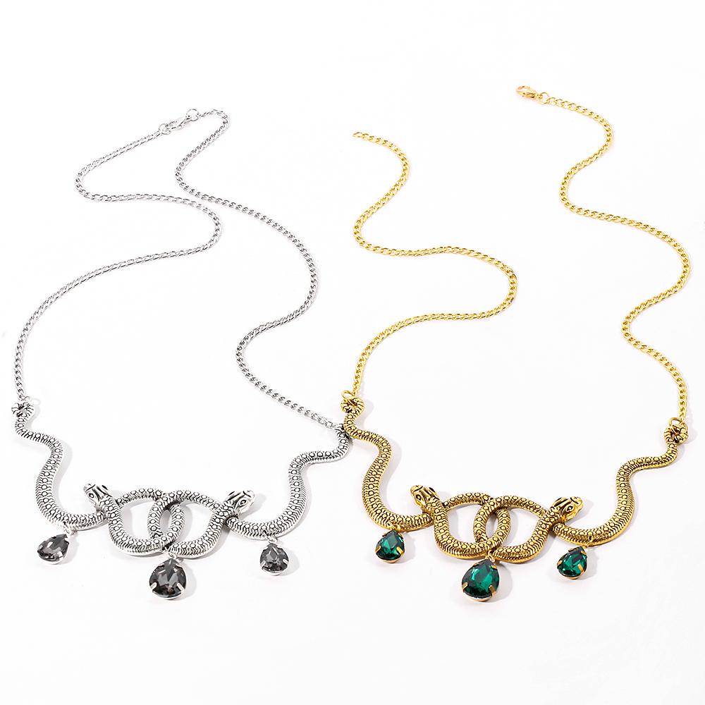 Trendy Vintage Double Snake Necklace Goth Entwined Snakes Water Drop Crystal Neck Chain For Women Party Charm Jewelry Gifts
