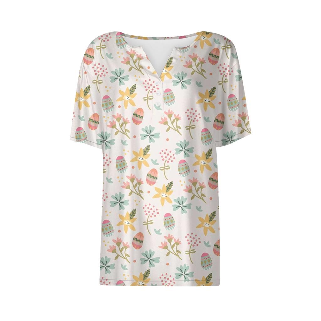 Women's Fashion Casual Easter Printed V-Neck Short Sleeve Decorative Button T-Shirt Top