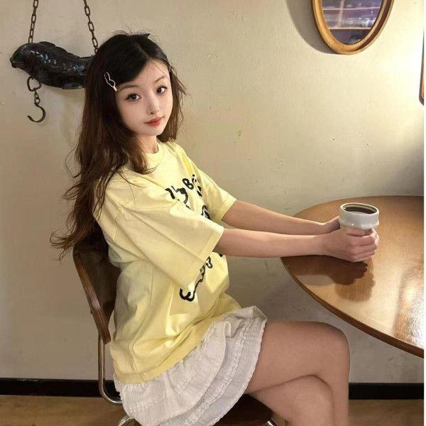 Summer Casual Loose T Shirt Women's Streetwear Harajuku Vintage Funny Cartoon Print yellow Short Sleeve T-shirts Women Y2k Tops