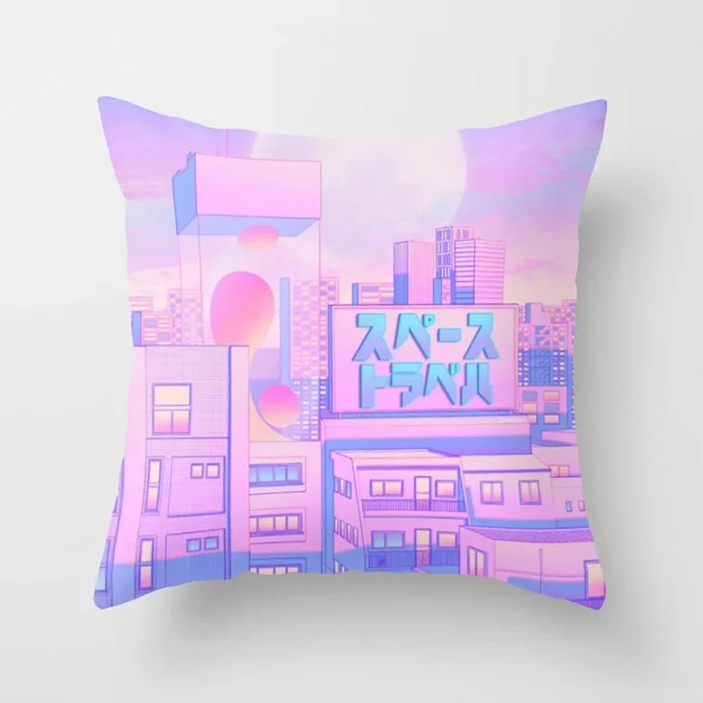 Pink Cartoon City Print Pillowcase Car Ornaments Office Living Room Home Pillowcase