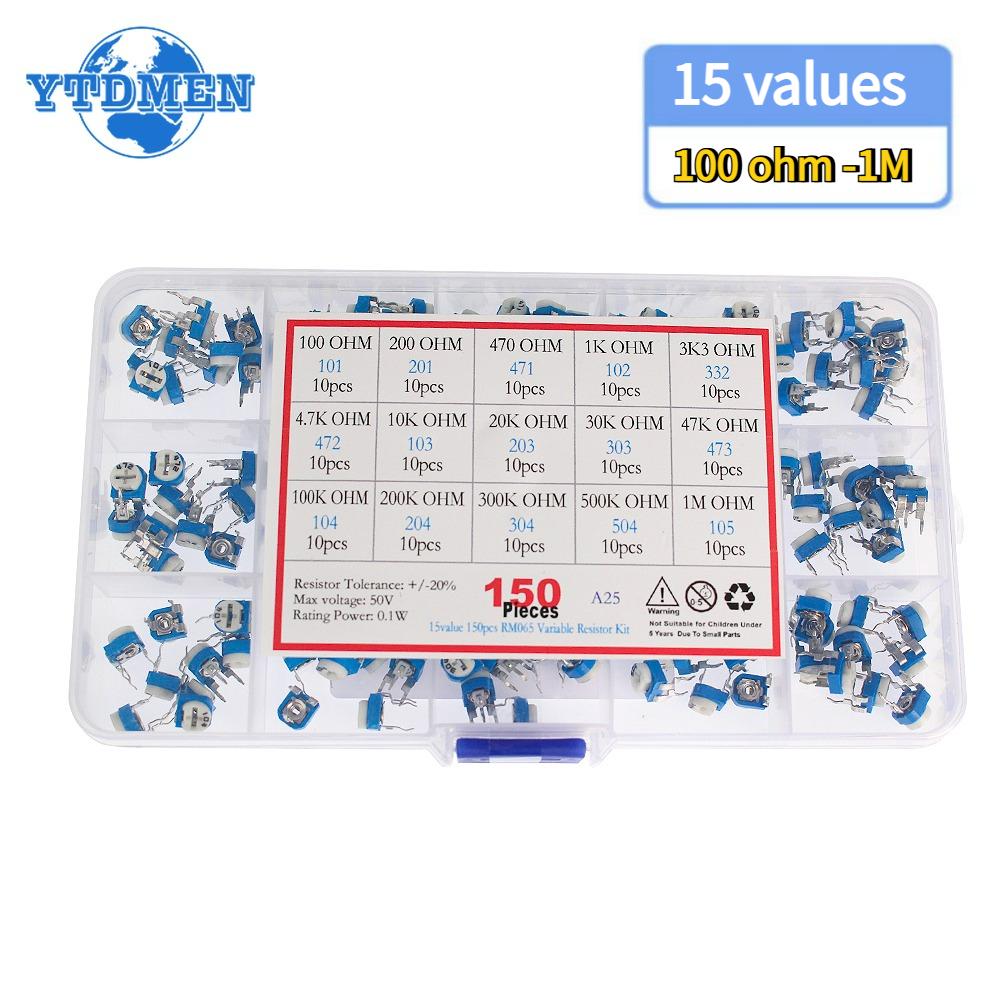 

150PCS RM065 Kit RM-065 Trimming Potentiometer 100 1K 2K 5K 10K 20K 50K 100K 200K 500K 1M Ohm Variable Resistor Assorted Kit синій